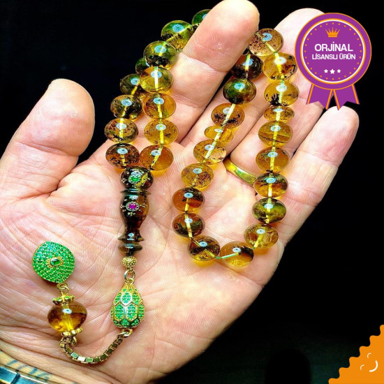 Özel Usta İşçilikli Yakut Ve Zümrüt Kakmalı Fosilli Damla Kehribar Bna473,Damla Kehribar Tesbih