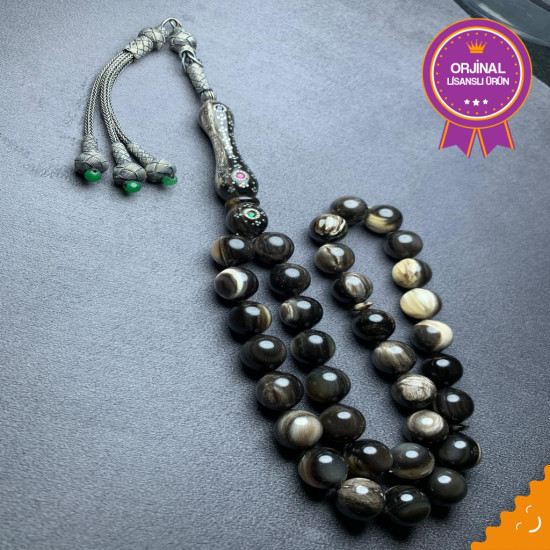 Özel Usta İşçilikli Gümüş Kakmalı Gümüş Kafes Üzeri Safir Yakut Ve Zümrüt Kakmalı Tesbih Ts70,Hayvansal Tesbih Tesbih