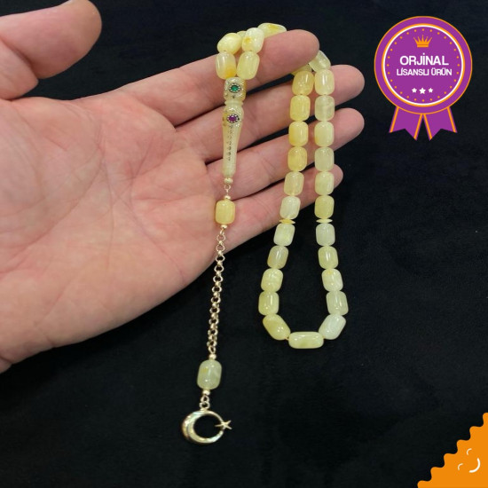 Özel Usta İşçilikli Zümrüt Ve Yakut Kakmalı Altın Püskül Takımlı Damla Kehribar Tesbih Bna3921,Damla Kehribar Tesbih