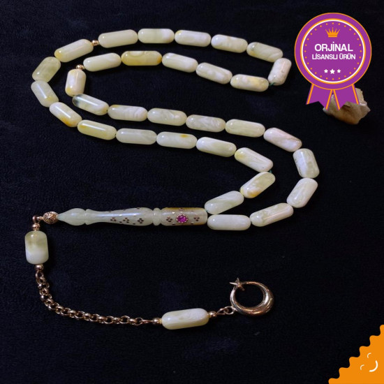 Özel Usta İşçilikli Yakut Kakmalı Altın Püskül Takımlı Damla Kehribar Tesbih Bna3919,Damla Kehribar Tesbih