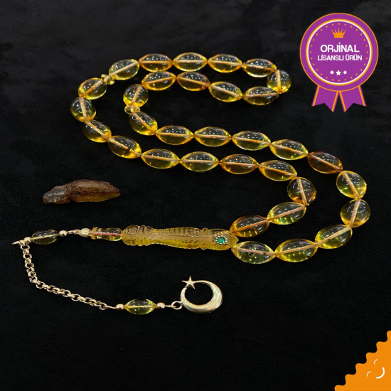 Altın Püsküllü Özel Usta İşçilikli Oyma İmameli Zümrüt Kakmalı Damla Kehribar Tesbih Bna242,Damla Kehribar Tesbih