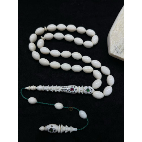 Özel Usta İşçilikli Sistemli Altın Kakma Altın Kafes Zümrüt Yakut İşlemeli Fildişi Tesbih Fd68,Hayvansal Tesbih Tesbih