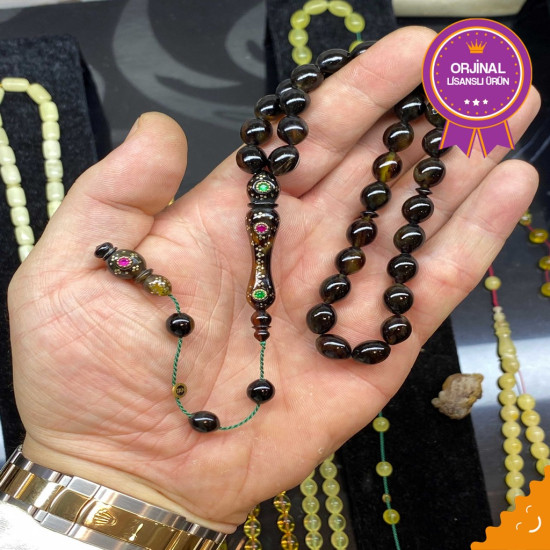 Özel Usta İşçilikli Zümrüt Yakut Ve Altın Kakmalı Turtle Shell Tesbih,Hayvansal Tesbih Tesbih
