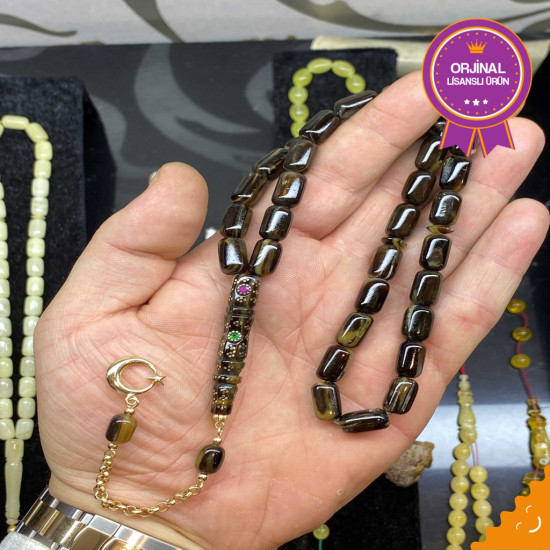 Özel Usta İşçilikli Zümrüt Yakut Ve Altın Kakmalı 14 Ayar Altın Püskül Takımlı Turtle Shell Tesbih,Hayvansal Tesbih Tesbih