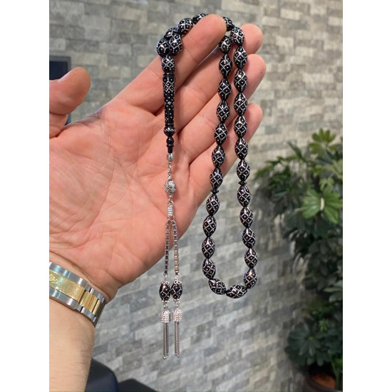 Özel Usta İşçilikli Abanoz Ağacı Üzeri Gümüş Kakma Tesbih,Abanoz Tesbih