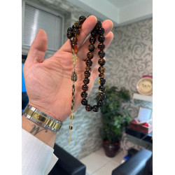 Özel Usta İşçilikli Zeytin Yaprak İşlemeli Damla Kehribar Tesbih Bna442