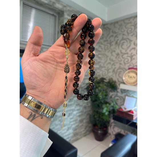 Özel Usta İşçilikli Zeytin Yaprak İşlemeli Damla Kehribar Tesbih Bna442,Damla Kehribar Tesbih