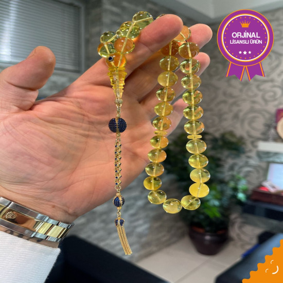 Özel Püskül Takımlı Altın Kafes Safir Takma Damla Kehribar Tesbih Bna375,Damla Kehribar Tesbih