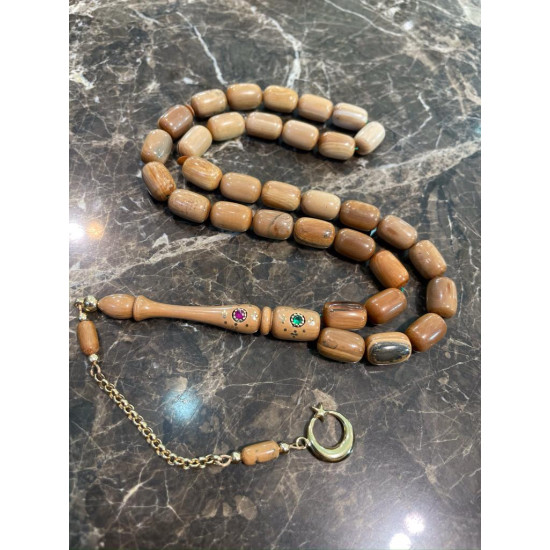 Özel Usta İşçilikli Altın Yakut Ve Zümrüt İşlemeli 14 Ayar Altın Püskül Takımlı Mamut Dişi Tesbih Md4,Hayvansal Tesbih Tesbih