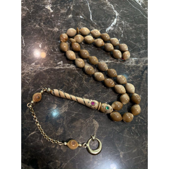 Özel Usta İşçilikli Sarma Altın Yakut Ve Zümrüt İşlemeli 14 Ayar Altın Püskül Takımlı Mamut Dişi Tesbih Md5,Hayvansal Tesbih Tesbih