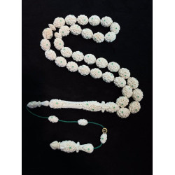 Özel Usta İşçilikli Sistemli Fildişi Oyma İşçilikli Zümrüt Kakmalı Koleksiyonluk Tespih Fd65