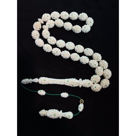 Özel Usta İşçilikli Sistemli Fildişi Oyma İşçilikli Zümrüt Kakmalı Koleksiyonluk Tespih Fd65,Hayvansal Tesbih Tesbih