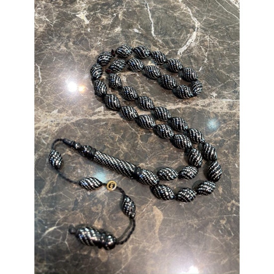 Özel Usta İşçilikli Sistemli Abanoz Ağacı Üzeri Full Gümüş Kakma Tesbih Ag85,Abanoz Tesbih