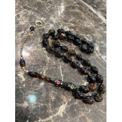 Özel Usta İşçilikli Zümrüt Yakut Ve Altın Kakmalı 14 Ayar Altın Püskül Takımlı Turtle Shell Tesbih Ts66