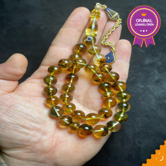 Özel Püskül Takımlı Altın Kafes Sefir Kakma Damla Kehribar Tesbih Bna399,Damla Kehribar Tesbih