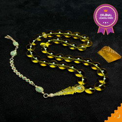 Özel Püskül Takımlı Altın Kafes Zümrüt Kakma Zeytin Yaprak İşlemli Damla Kehribar Tesbih Bna396