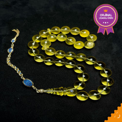 Özel Püskül Takımlı Altın Kafes Sefir Kakma Damla Kehribar Tesbih Bna397