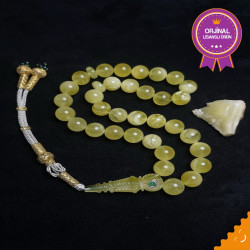 Özel Usta İşçilikli Trabzon Kazazlı Altın Kafes Zümrüt Kakma Zeytin Yaprak İşlemeli Damla Kehribar Tesbih Bna398