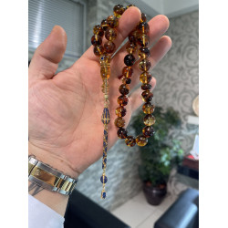 Özel Usta İşçilikli Altın Kafes Sefir Taş Damla Kehribar Tesbih Bna425