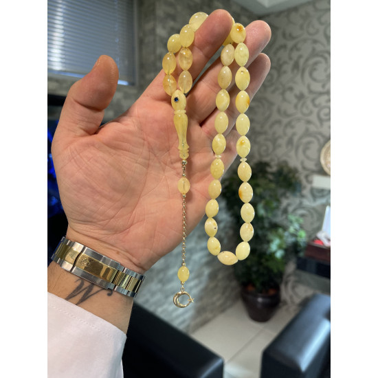 Özel Usta İşçilikli Altın Kafes Sefir Taş Altın Püskül Damla Kehribar Tesbih Bna428,Damla Kehribar Tesbih