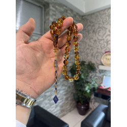 Özel Usta İşçilikli Zeytin Yaprak İşlemeli Altın Kafes Sefir Taş Damla Kehribar Tesbih Bna403