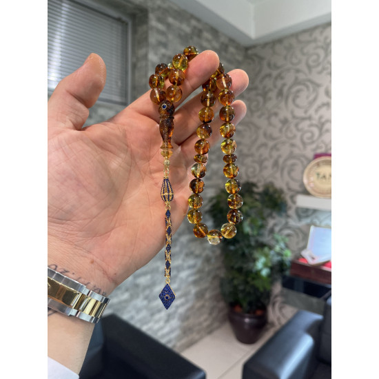 Özel Usta İşçilikli Zeytin Yaprak İşlemeli Altın Kafes Sefir Taş Damla Kehribar Tesbih Bna403,Damla Kehribar Tesbih