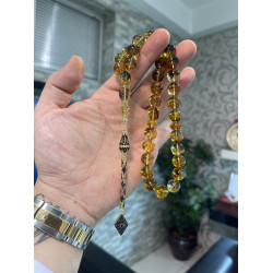 Özel Usta İşçilikli Zeytin Yaprak İşlemeli Damla Kehribar Tesbih Bna401