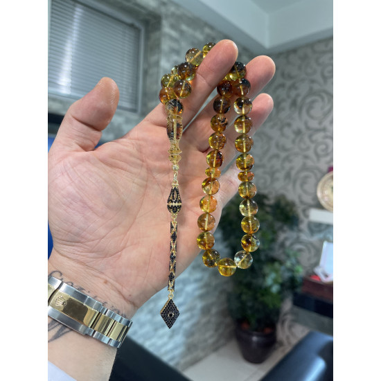 Özel Usta İşçilikli Zeytin Yaprak İşlemeli Damla Kehribar Tesbih Bna401,Damla Kehribar Tesbih