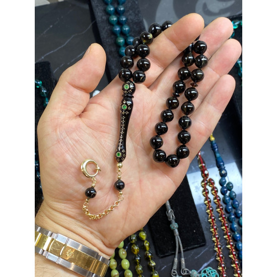 Özel Usta İşçilikli Altın Ve Zümrüt İşlemeli 14 Ayar Altın Püskül Takımlı Turtle Shell Tesbih,Hayvansal Tesbih Tesbih