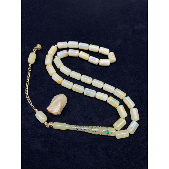 Özel Usta İşçilikli Altın Kakma Altın Kafes Zümrüt Takma Damla Kehribar Tesbih Bna316,Hayvansal Tesbih Tesbih