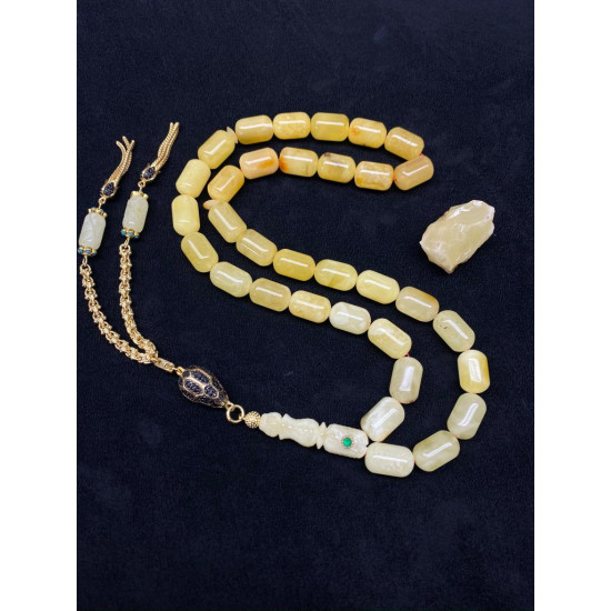 Özel Usta İşçilikli Altın Kakma Altın Kafes Zümrüt Takma Damla Kehribar Tesbih Bna319,Hayvansal Tesbih Tesbih