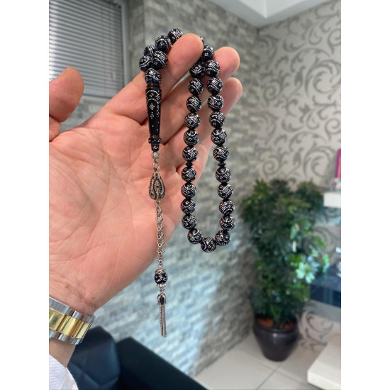 Özel Usta İşçilikli Abanoz Ağacı Üzeri Gümüş Kakma Tesbih Ag855,Abanoz Tesbih