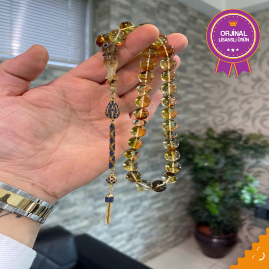 Özel Usta İşçilikli 14 Ayar Altın Kafes Safir Taş Damla Kehribar Tesbih Bna368,Damla Kehribar Tesbih