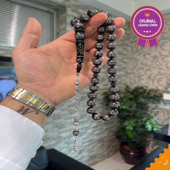 Özel Usta İsçilikli Yosun Full Gümüş İşlemeli Abanoz Ağacı Tesbih Ag93,Abanoz Tesbih