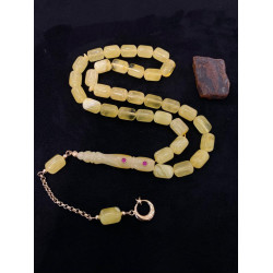 Özel Usta İşçilikli Zümrüt Ve Altın Kakma İşlemeli 10X14Mm Damla Kehribar Tesbih