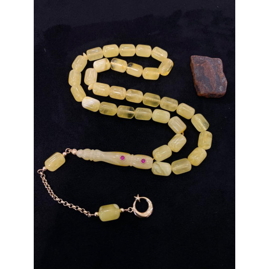 Özel Usta İşçilikli Zümrüt Ve Altın Kakma İşlemeli 10X14Mm Damla Kehribar Tesbih,Hayvansal Tesbih Tesbih