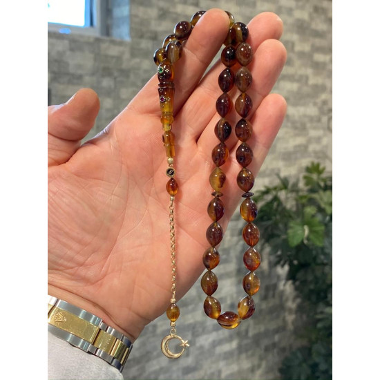 Özel Usta İşçilikli Zümrüt Yakut Ve Altın Kakmalı 14 Ayar Altın Püskül Takımlı Turtle Shell Tesbih,Hayvansal Tesbih Tesbih