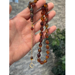 Özel Usta İşçilikli Zümrüt Yakut Ve Altın Kakmalı 14 Ayar Altın Püskül Takımlı Turtle Shell Tesbih