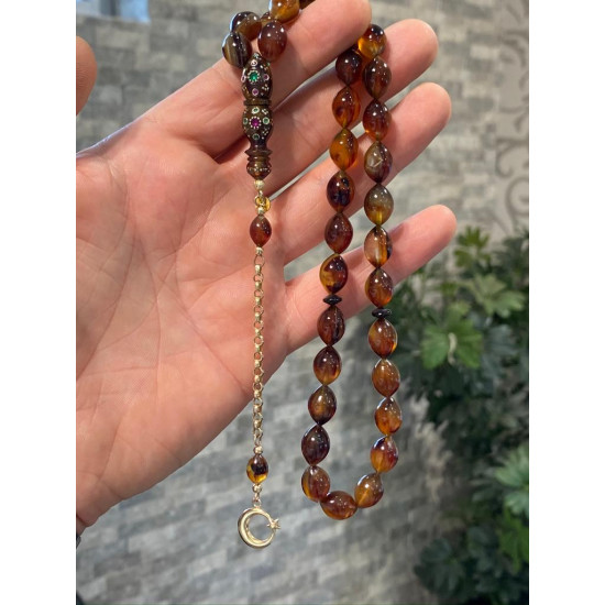 Özel Usta İşçilikli Zümrüt Yakut Ve Altın Kakmalı 14 Ayar Altın Püskül Takımlı Turtle Shell Tesbih,Hayvansal Tesbih Tesbih