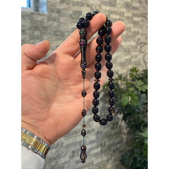 Özel Usta İşçilikli Zümrüt Yakut Ve Altın Kakmalı Turtle Shell Tesbih,Hayvansal Tesbih Tesbih