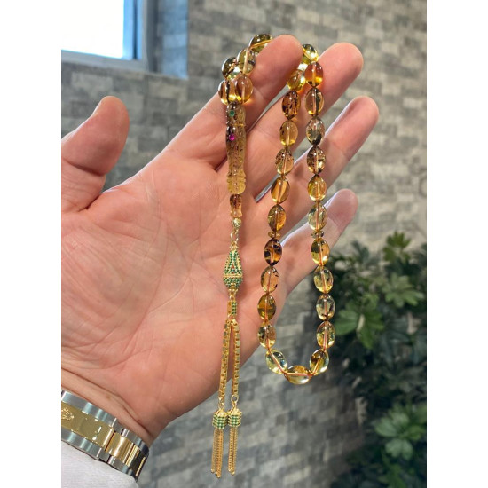 Özel Püskül Takımlı Usta İşcilikli Oyma Zümrüt Ve Yakut Kakmalı Damla Kehribar Tesbih,Damla Kehribar Tesbih