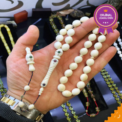 Safir, Yakut Ve Zümrüt Ve Altın İşlemeli, Oyma İmame 11X14Mm Ölçülerinde Özel Koleksiyonluk Fil Dişi Tesbih