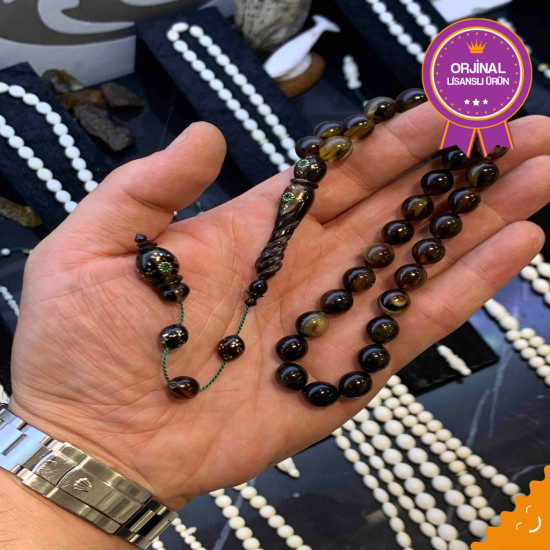 Özel Usta İşçilikli Oyma İmame Altın Ve Zümrüt Kakma Sistemli Turtle Shell Tesbih,Hayvansal Tesbih Tesbih