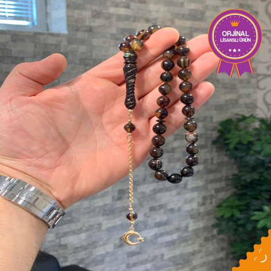 Oyma İmame Altın Ve Zümrüt Kakma Altın Ay Yıldız Püsküllü Turtle Shell Tesbih,Hayvansal Tesbih Tesbih