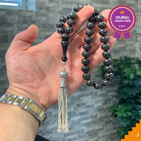 Usta İşi Özel Püskül Takımlı Abanoz Ağacı Üzeri Gümüş Kakma Tesbih,Abanoz Tesbih