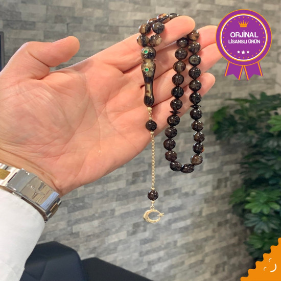 Özel Usta İşçilikli Zümrüt Kakmalı Altın Püsküllü Turtle Shell Tesbih,Hayvansal Tesbih Tesbih