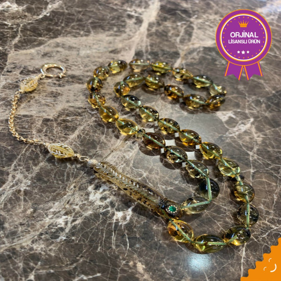 Oyma İşçilikli Zümrüt Kakma Altın Püskül Toprak Fosilli Baltık Naturel Amber Damla Kehribar Tesbih,Damla Kehribar Tesbih
