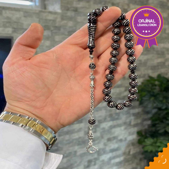 Usta İşi Özel Püskül Takımlı Abanoz Ağacı Üzeri Gümüş Kakma Tesbih,Abanoz Tesbih