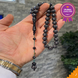 Usta İşi Özel Püskül Takımlı Abanoz Ağacı Üzeri Gümüş Kakma Tesbih