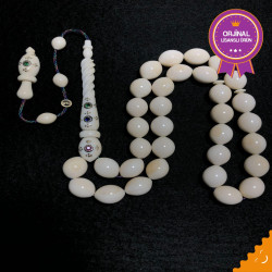 Özel Usta İşçilikli Fildişi Yakut Safir Zümrüt İşleme, Altın Kakma, Sarmal İmame 8X12 Ölçülerinde Özel Koleksiyonluk Fil Dişi Tesbih